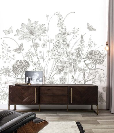 Bloemen behang Blossom Meadow, zwart-wit, afwasbaar