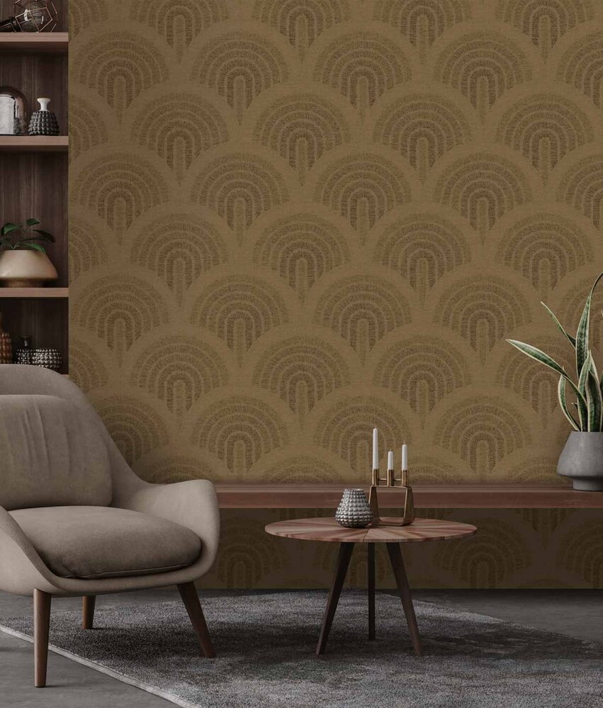 Retro behang Midcentury Curves, bruin, afwasbaar Retro behang Midcentury Curves, bruin, afwasbaar