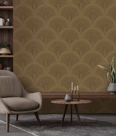Retro behang Midcentury Curves, bruin, afwasbaar Retro behang Midcentury Curves, bruin, afwasbaar