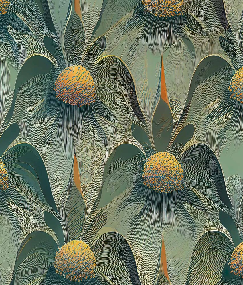 Floral wallpaper Blossom Medley, green, washable