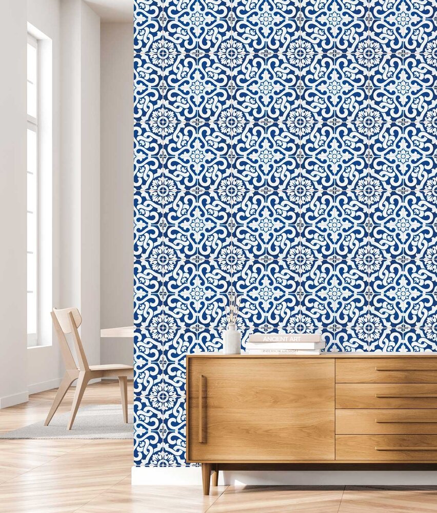 Wallpaper Portuguese Style Tiles, blue, washable Wallpaper Portuguese Style Tiles, blue, washable