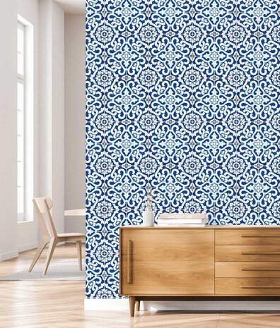 Behang Portuguese Style Tiles, blauw, afwasbaar