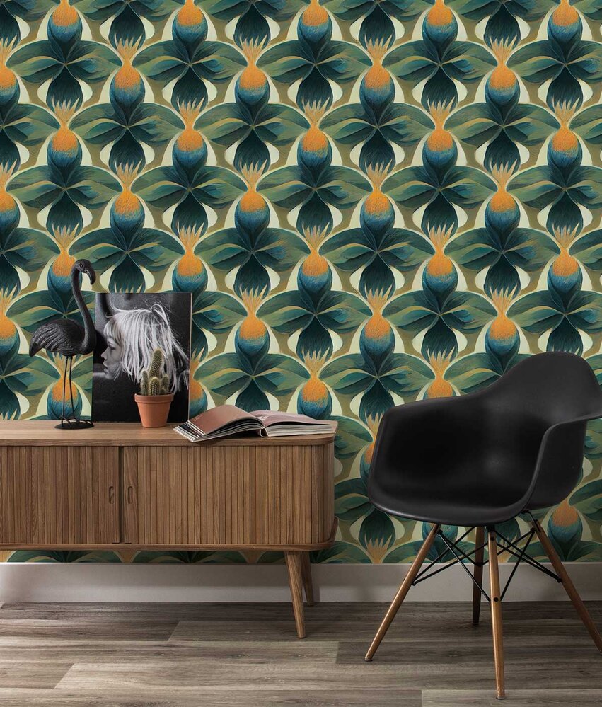 Bloemen behang Retro Style Flowers, groen, afwasbaar