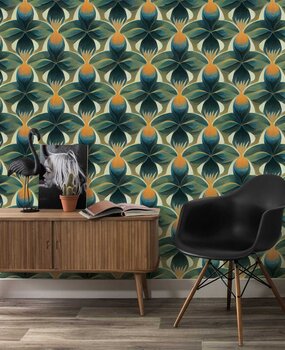 Bloemen behang Retro Style Flowers, groen, afwasbaar