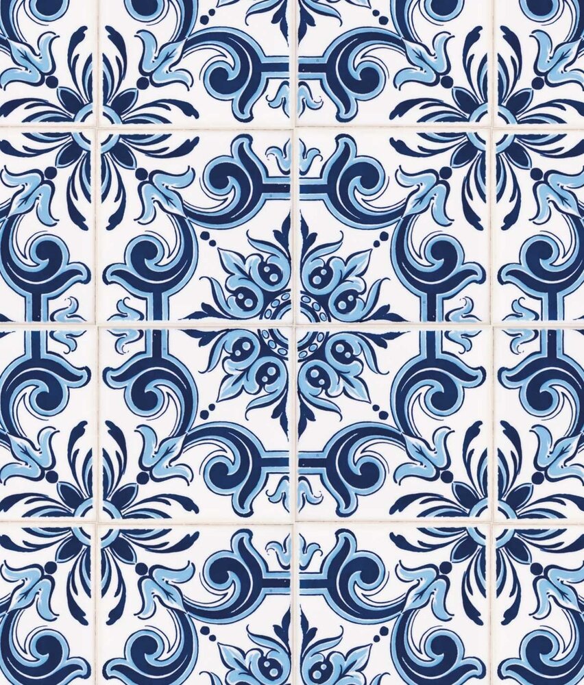 Behang Portuguese Blue Tiles, blauw, afwasbaar Behang Portuguese Blue Tiles, blauw, afwasbaar