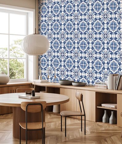 Behang Portuguese Blue Tiles, blauw, afwasbaar Behang Portuguese Blue Tiles, blauw, afwasbaar