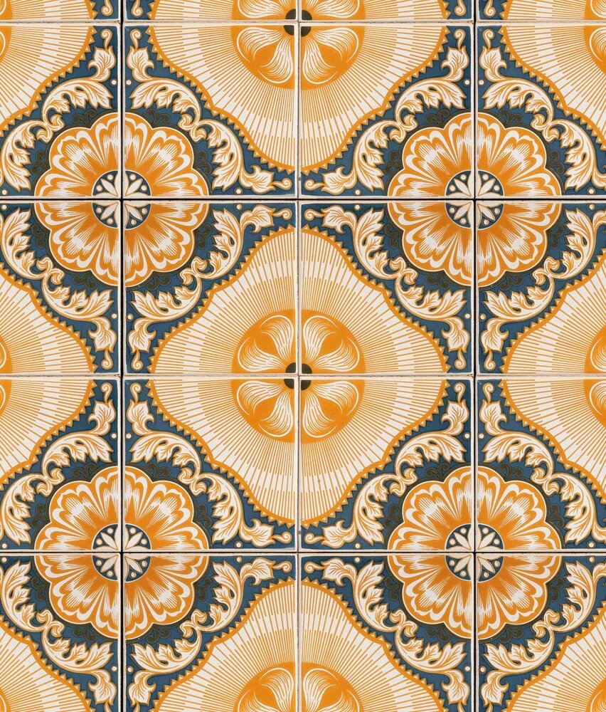 Behang Sunny Portuguese Tiles, geel, afwasbaar Behang Sunny Portuguese Tiles, geel, afwasbaar