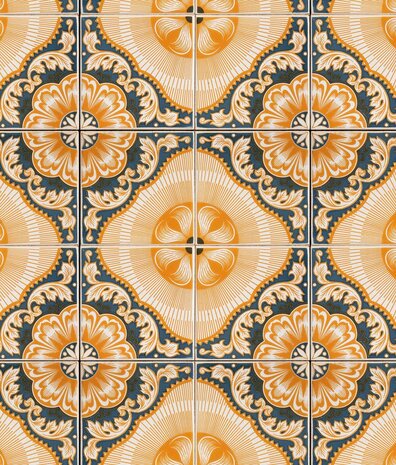 Behang Sunny Portuguese Tiles, geel, afwasbaar Behang Sunny Portuguese Tiles, geel, afwasbaar
