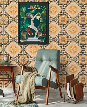 Behang Sunny Portuguese Tiles, geel, afwasbaar Behang Sunny Portuguese Tiles, geel, afwasbaar
