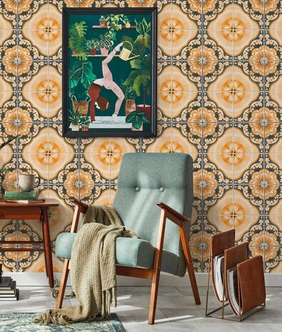 Wallpaper Sunny Portuguese Tiles, yellow, washable