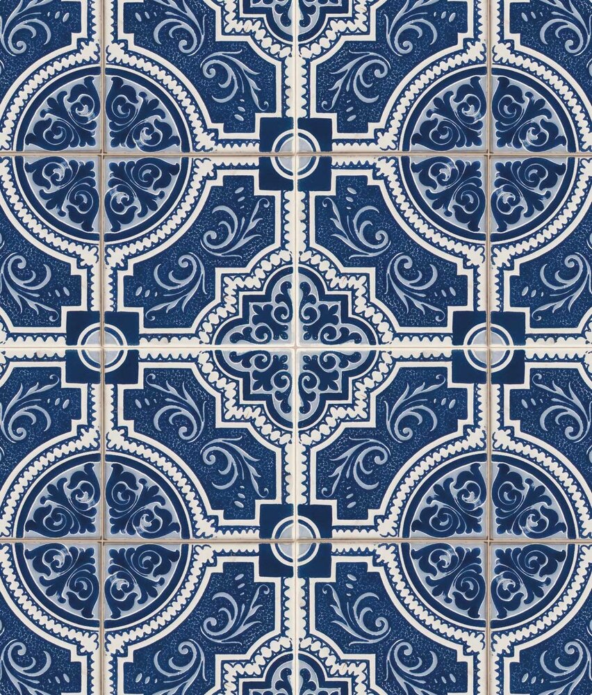 Behang Portuguese Tiles, blauw, afwasbaar