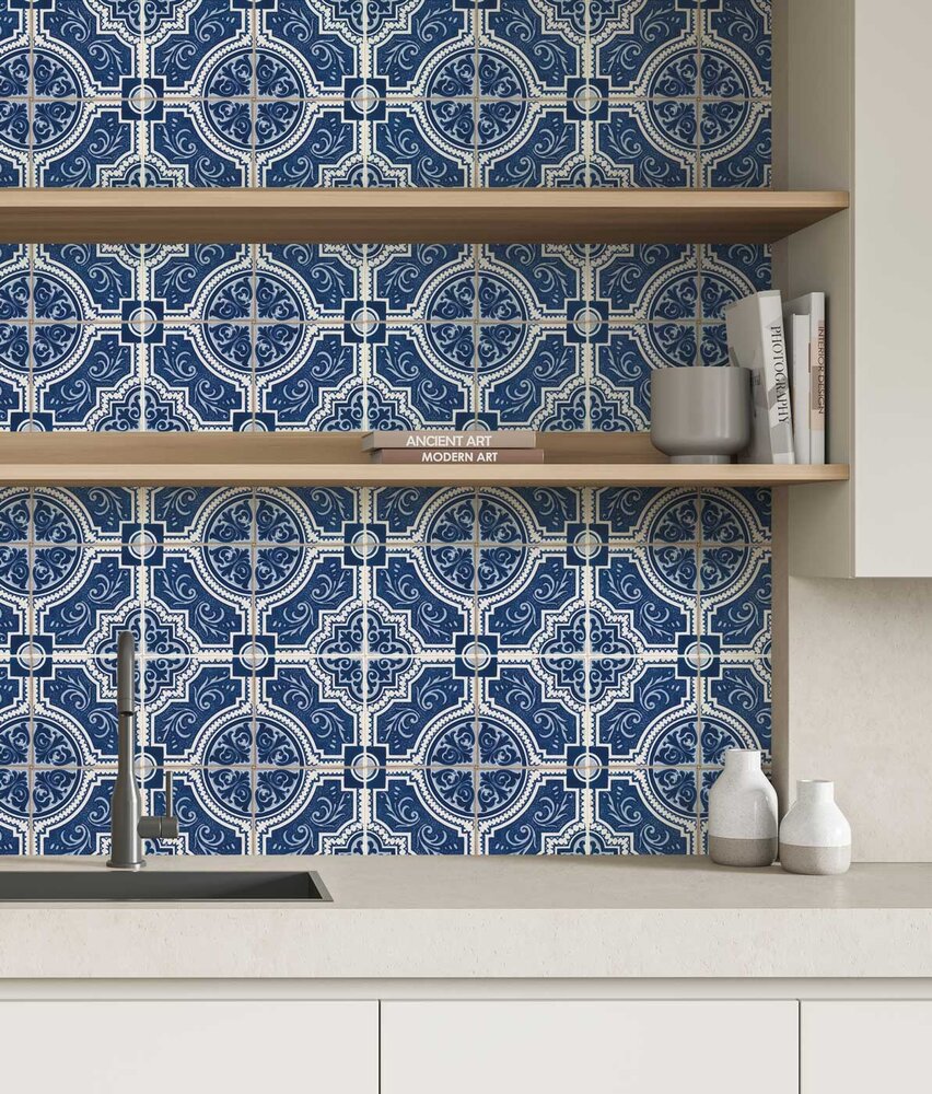 Behang Portuguese Tiles, blauw, afwasbaar