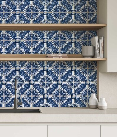Behang Portuguese Tiles, blauw, afwasbaar