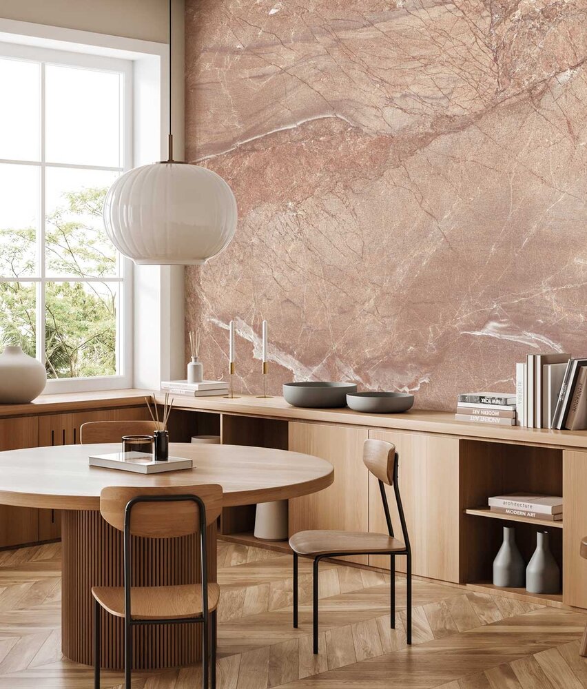 Marmer behang Dramatic Marble, roze, afwasbaar Marmer behang Dramatic Marble, roze, afwasbaar