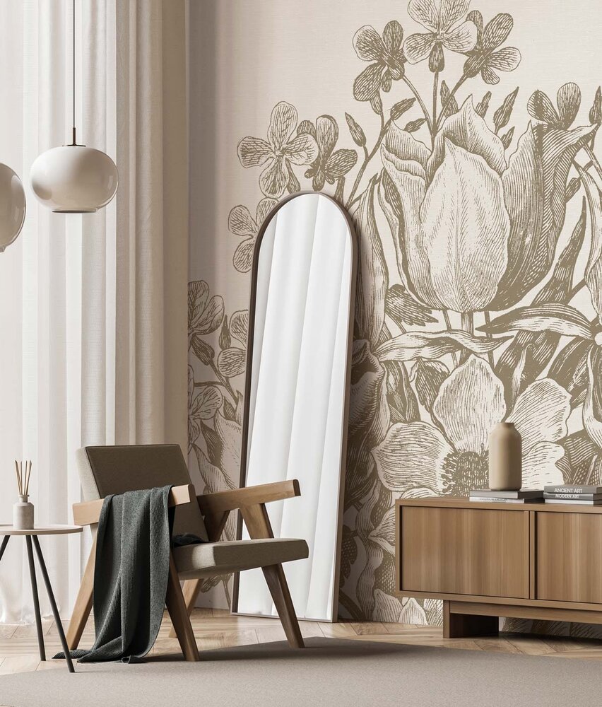 Bloemen behang Delicate Blossom, beige, afwasbaar Bloemen behang Delicate Blossom, beige, afwasbaar