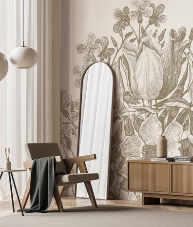 Bloemen behang Delicate Blossom, beige, afwasbaar Bloemen behang Delicate Blossom, beige, afwasbaar