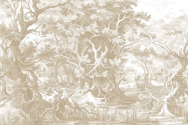 Vintage behang Landscape Engravings, beige, afwasbaar Vintage behang Landscape Engravings, beige, afwasbaar