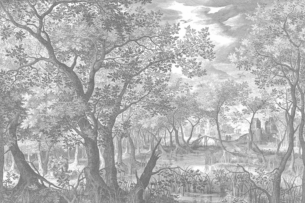 Wallpaper forest Enchanted Grove, black & white, washable Wallpaper forest Enchanted Grove, black & white, washable