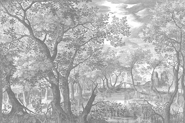 Wallpaper forest Enchanted Grove, black & white, washable Wallpaper forest Enchanted Grove, black & white, washable