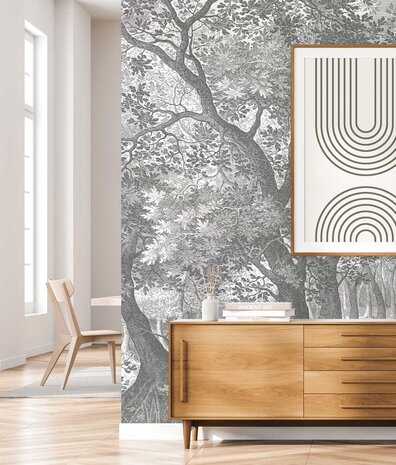 Wallpaper forest Enchanted Grove, black & white, washable Wallpaper forest Enchanted Grove, black & white, washable