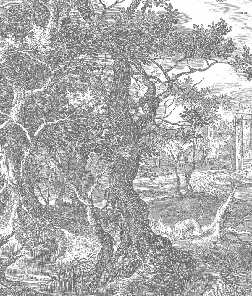 Behang bos Mystic Forest, zwart-wit, afwasbaar