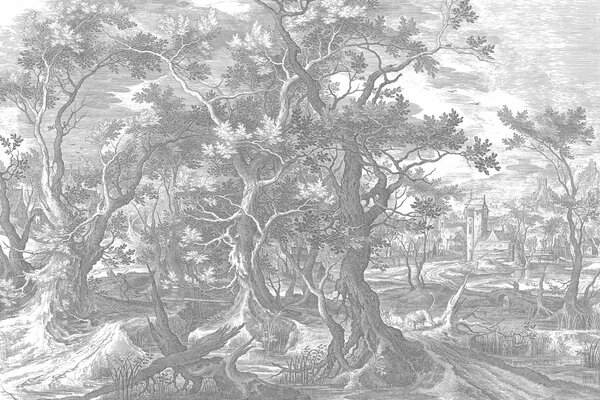 Behang bos Mystic Forest, zwart-wit, afwasbaar