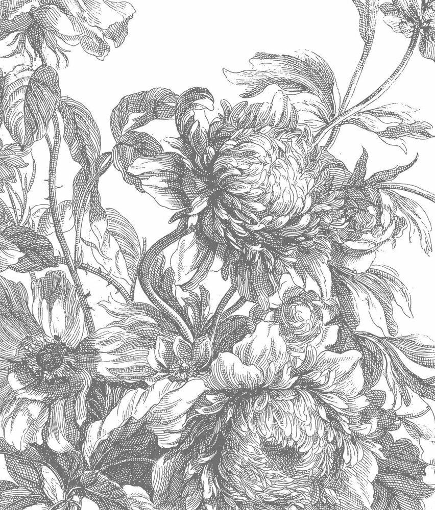 Bloemen behang Graceful Blossom, zwart-wit, afwasbaar Bloemen behang Graceful Blossom, zwart-wit, afwasbaar