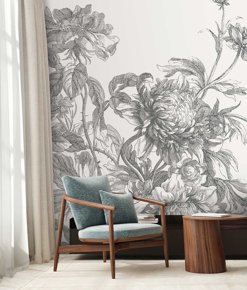 Bloemen behang Graceful Blossom, zwart-wit, afwasbaar Bloemen behang Graceful Blossom, zwart-wit, afwasbaar