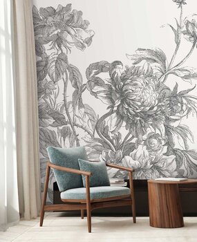 Floral wallpaper Graceful Blossom, black & white, washable Floral wallpaper Graceful Blossom, black & white, washable