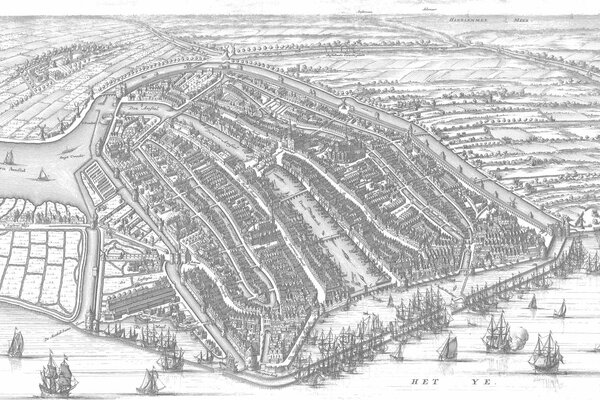 Steden behang Amsterdam Vintage Map, zwart-wit, afwasbaar