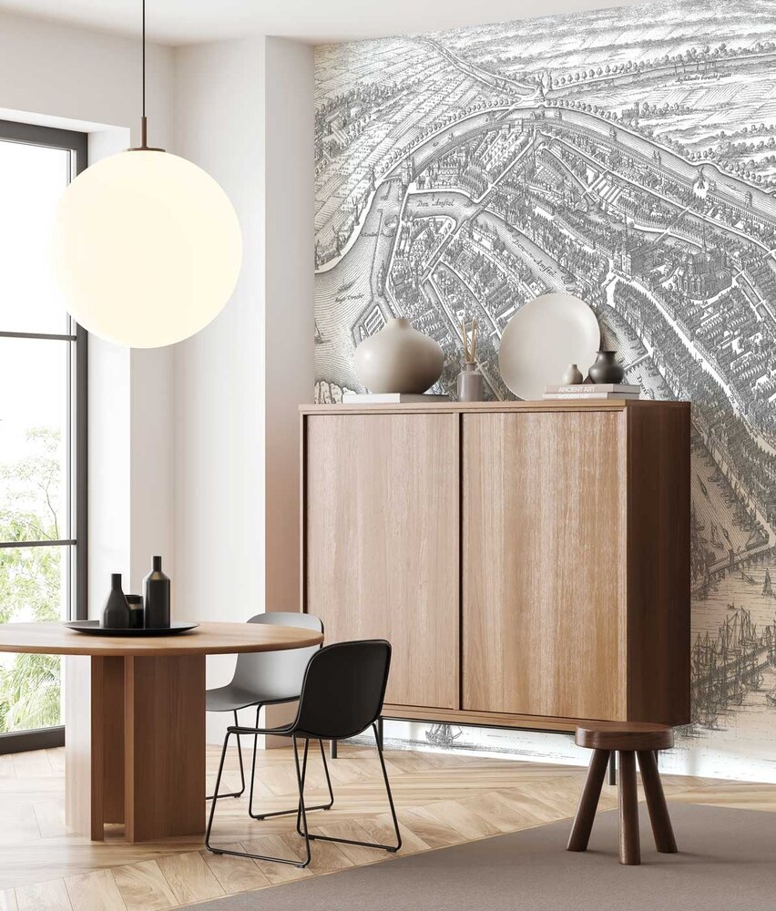 Steden behang Amsterdam Vintage Map, zwart-wit, afwasbaar