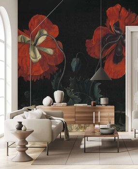 Bloemen behang Poppy Fields Bliss, zwart, afwasbaar Bloemen behang Poppy Fields Bliss, zwart, afwasbaar