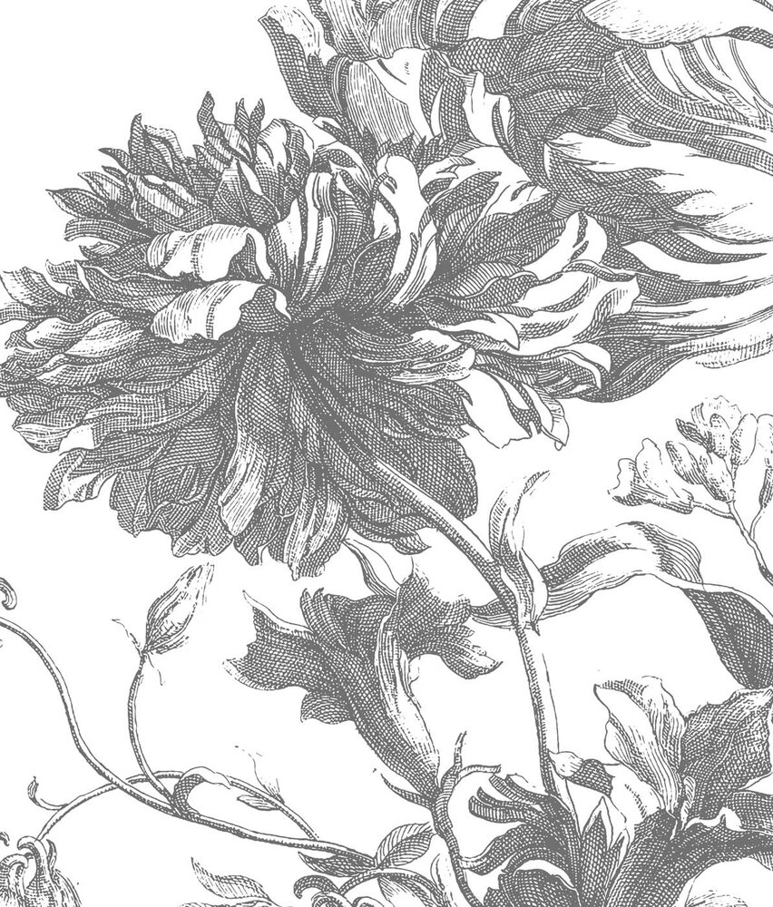 Botanisch behang Engraved Botanicals, zwart-wit, afwasbaar