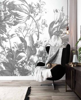 Botanical wallpaper Engraved Botanicals, black and white, washable Botanical wallpaper Engraved Botanicals, black and white, washable