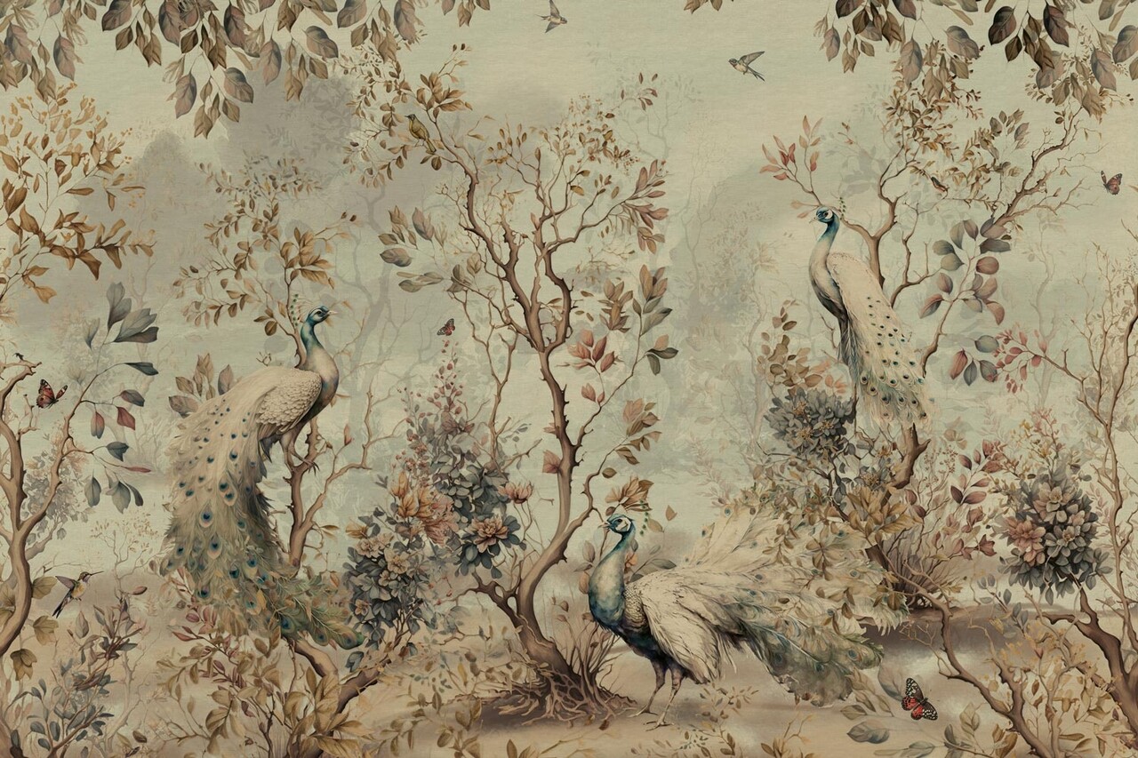 Vintage behang Peacock Garden Delight, afwasbaar Vintage behang Peacock Garden Delight, afwasbaar