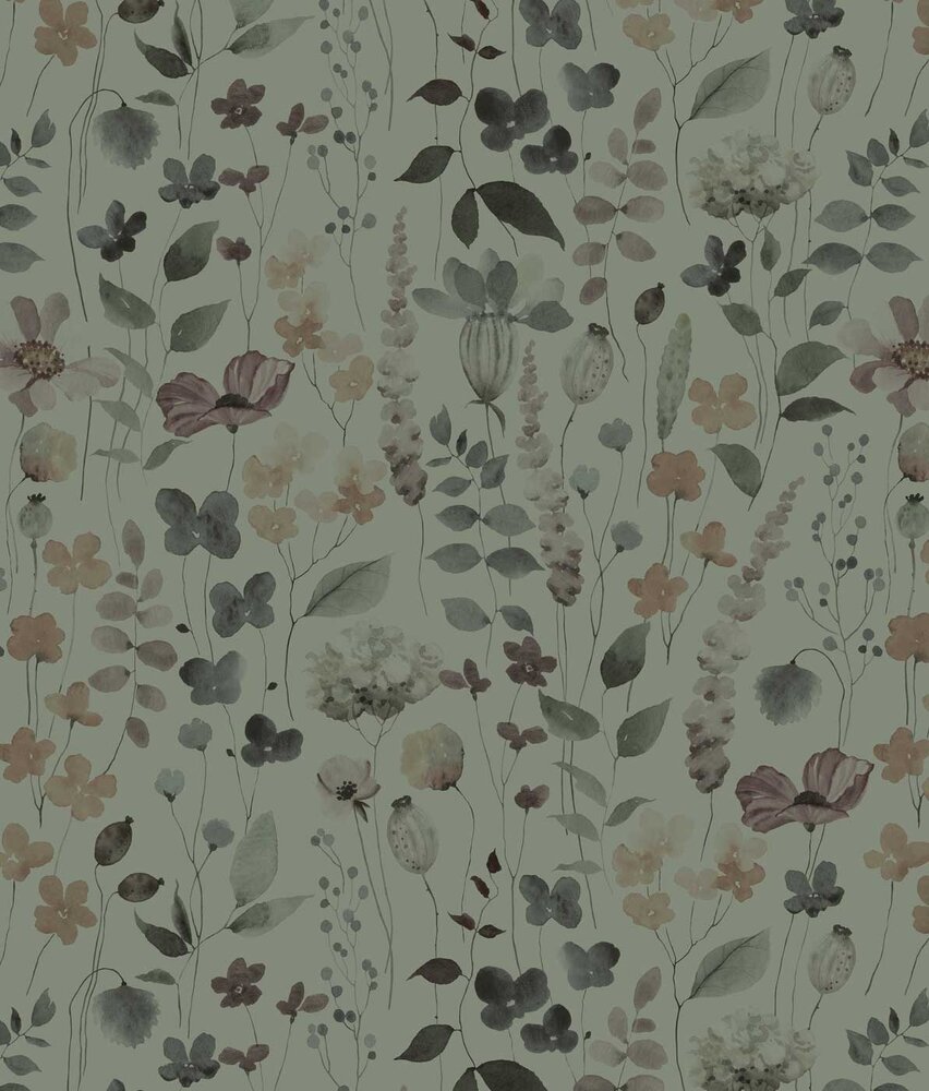 Floral wallpaper Blossom Aquarelle, green, washable Floral wallpaper Blossom Aquarelle, green, washable