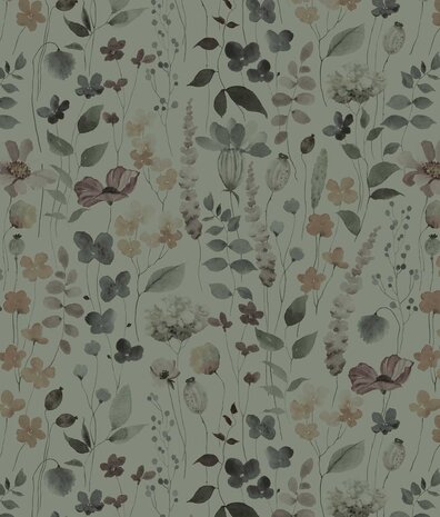 Floral wallpaper Blossom Aquarelle, green, washable Floral wallpaper Blossom Aquarelle, green, washable