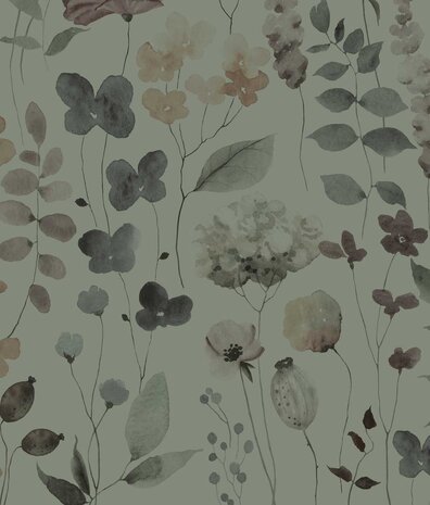 Bloemen behang Blossom Aquarelle, groen, afwasbaar