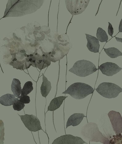 Bloemen behang Blossom Aquarelle, groen, afwasbaar