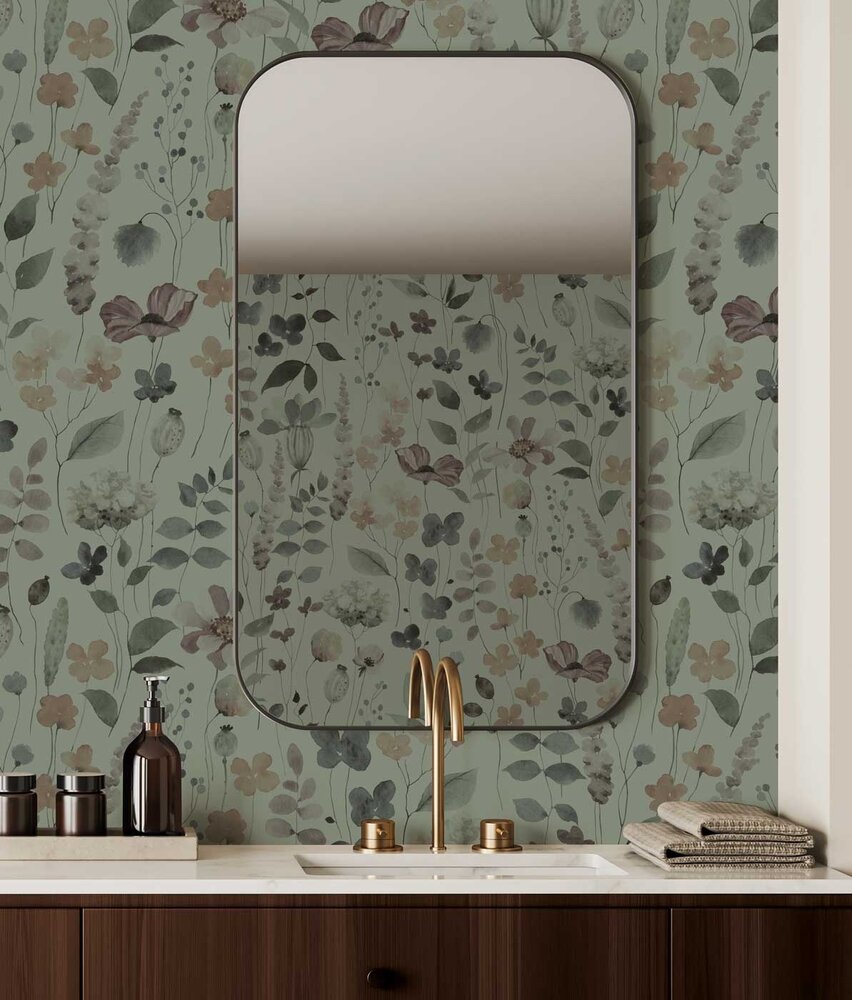 Floral wallpaper Blossom Aquarelle, green, washable Floral wallpaper Blossom Aquarelle, green, washable