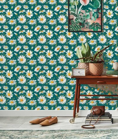 Bloemen behang Daisy Delight, groen, afwasbaar