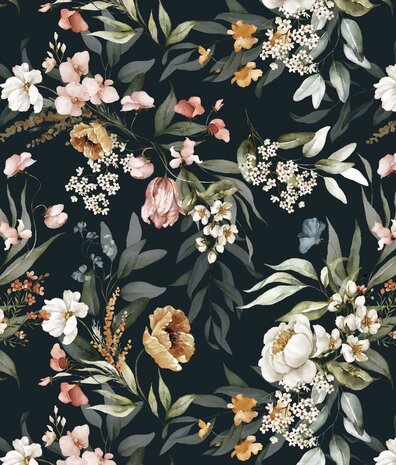 Bloemen behang Charming Blooms, zwart, afwasbaar Bloemen behang Charming Blooms, zwart, afwasbaar