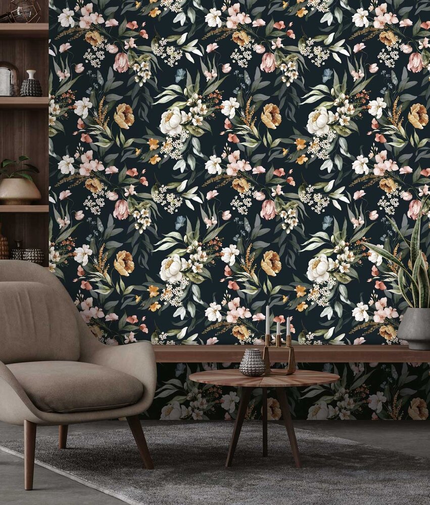 Bloemen behang Charming Blooms, zwart, afwasbaar Bloemen behang Charming Blooms, zwart, afwasbaar