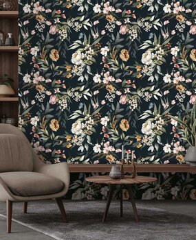 Bloemen behang Charming Blooms, zwart, afwasbaar Bloemen behang Charming Blooms, zwart, afwasbaar