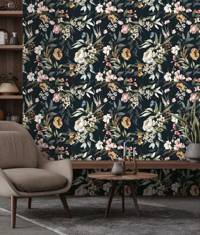 Bloemen behang Charming Blooms, zwart, afwasbaar Bloemen behang Charming Blooms, zwart, afwasbaar