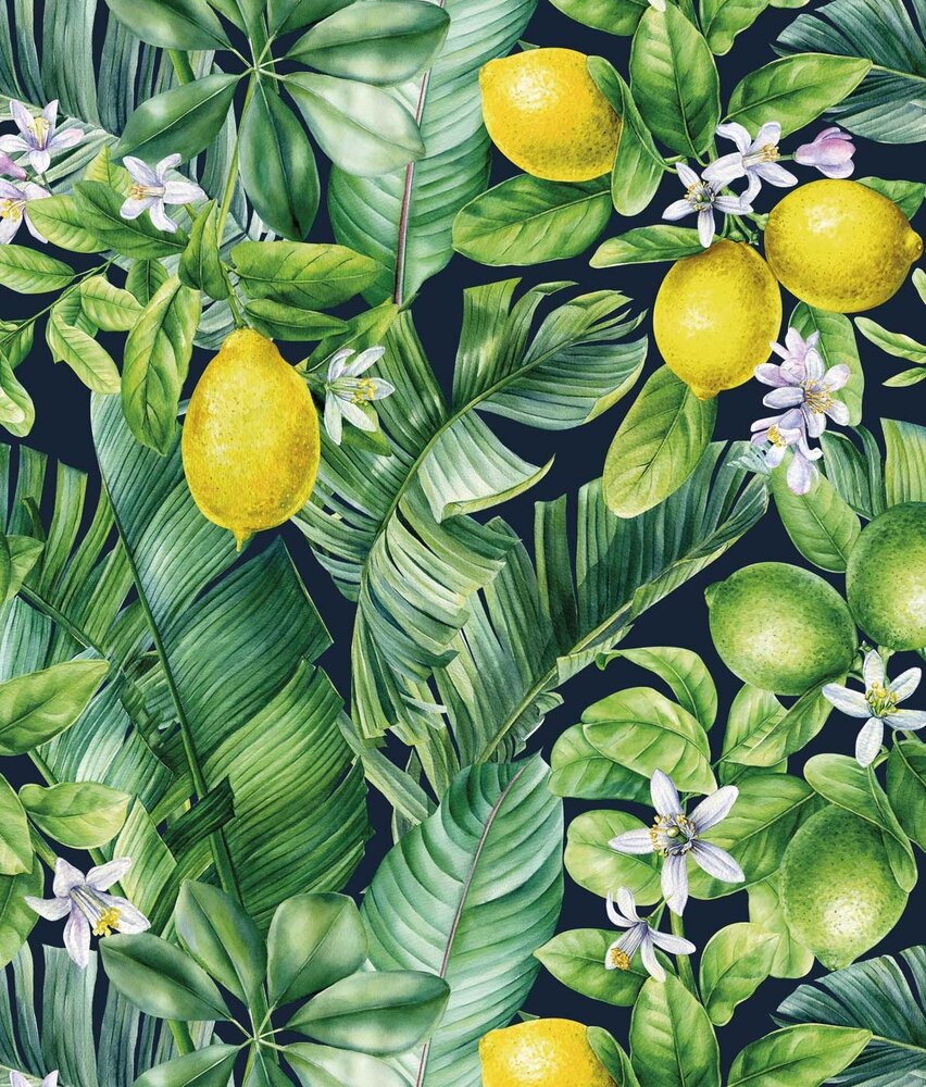Botanisch behang Lemon Fresh Bliss, groen, afwasbaar
