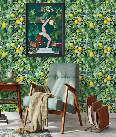 Botanisch behang Lemon Fresh Bliss, groen, afwasbaar