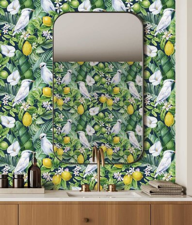 Botanical wallpaper Blossom Citrus Charm, green, washable Botanical wallpaper Blossom Citrus Charm, green, washable