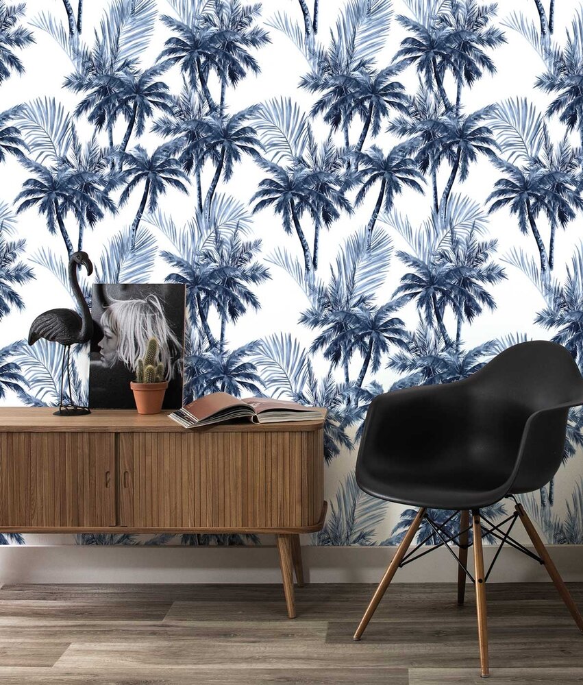Palm wallpaper Blue Palm Dreams, blue, washable Palm wallpaper Blue Palm Dreams, blue, washable