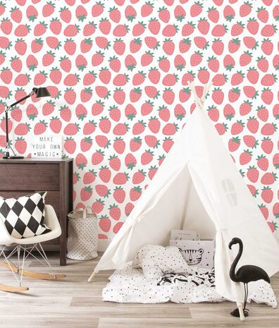 Children's wallpaper Strawberry Fun Frenzy, pink, washable Children's wallpaper Strawberry Fun Frenzy, pink, washable
